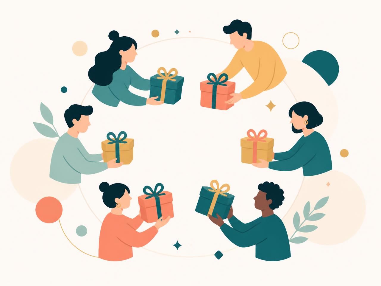 A group of people passing wrapped gifts to each other in a circle