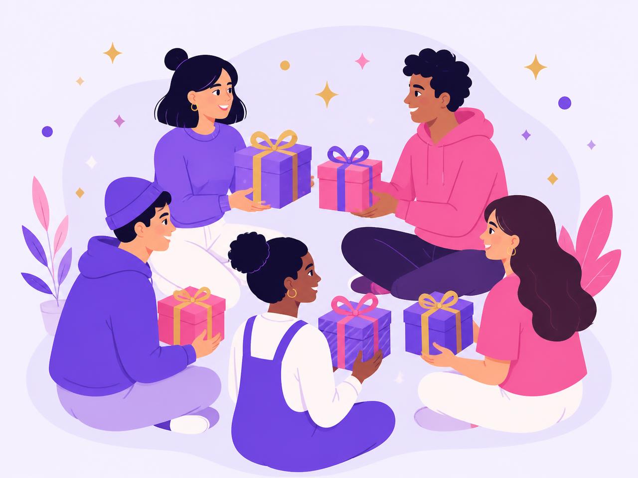 A group of people passing wrapped gifts to each other in a circle